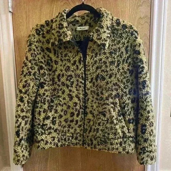 Madewell Full Zip Leopard Animal Print Sherpa Jacket XS 2 Front Pockets Soft - Picture 1 of 11